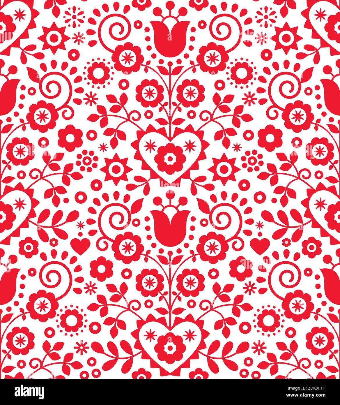 Polish traditional vector seamless pattern with flowers and hearts inspired by folk art embroidery Lachy Sadeckie - textile or fabric print ornament Stock Vector