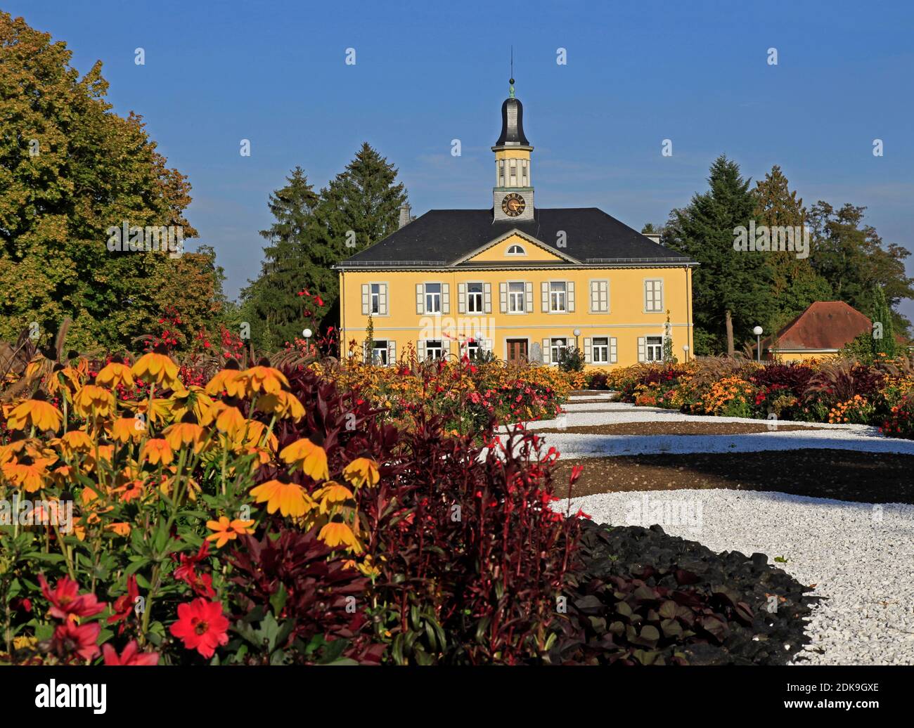Salt works building, flower beds, spa gardens, Bad Rappenau, Baden-Wuerttemberg, Germany Stock Photo