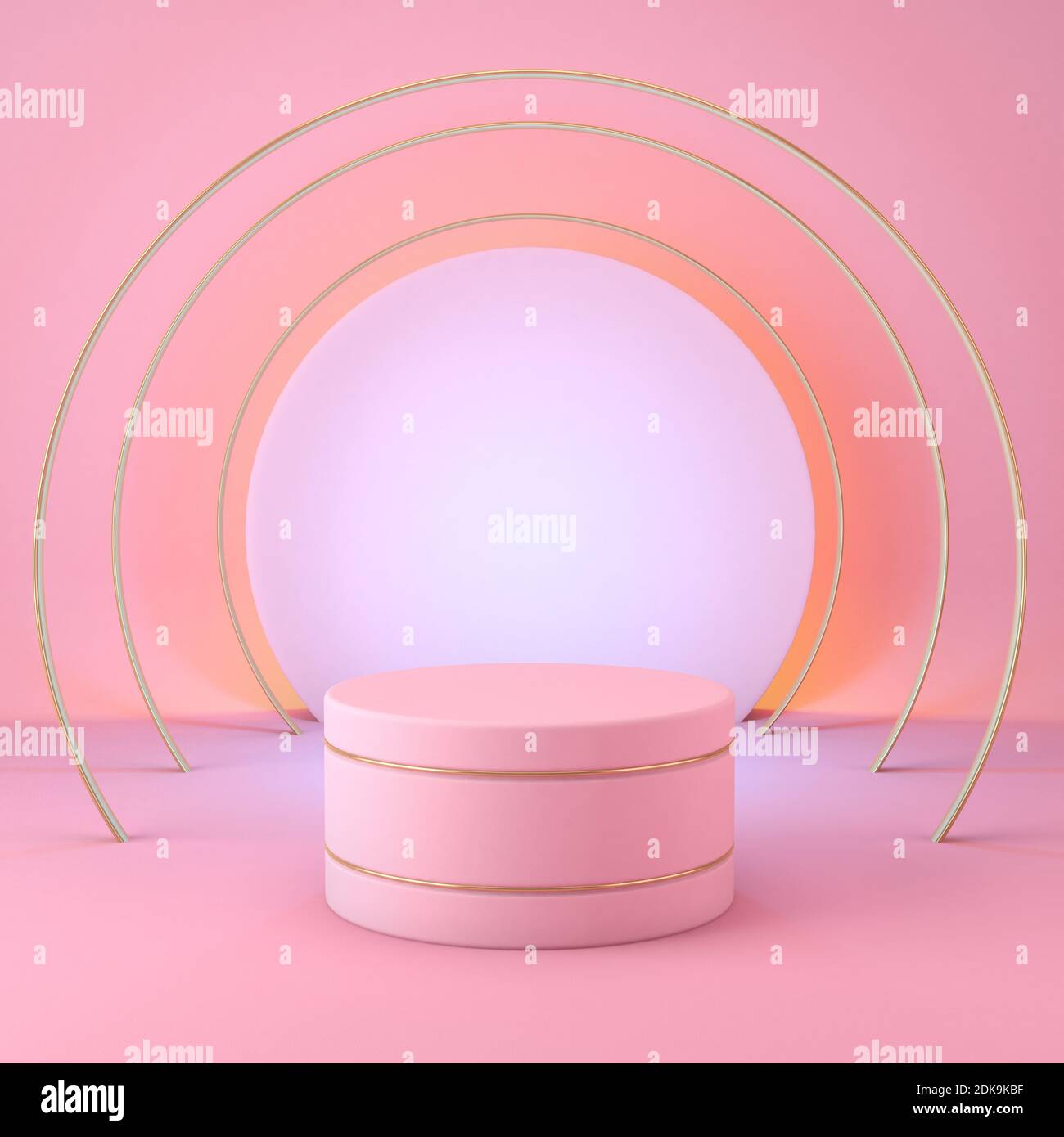 Pastel pink pedestal with gold arches, product display concept, 3d