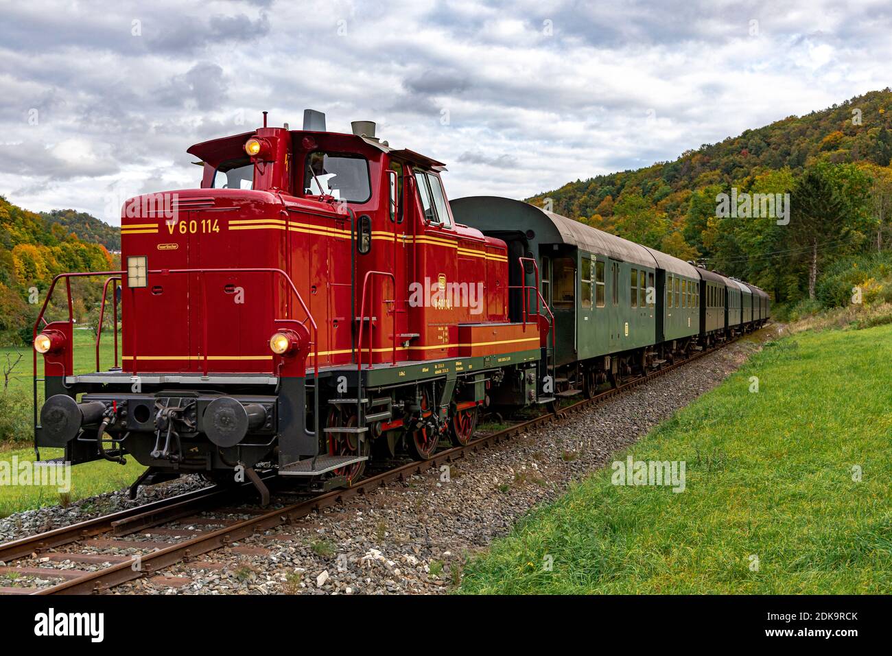 Historic railway with diesel locomotive in Wiesenttal in autumn, Streitberg, Upper Franconia, Bavaria, Germany Stock Photo