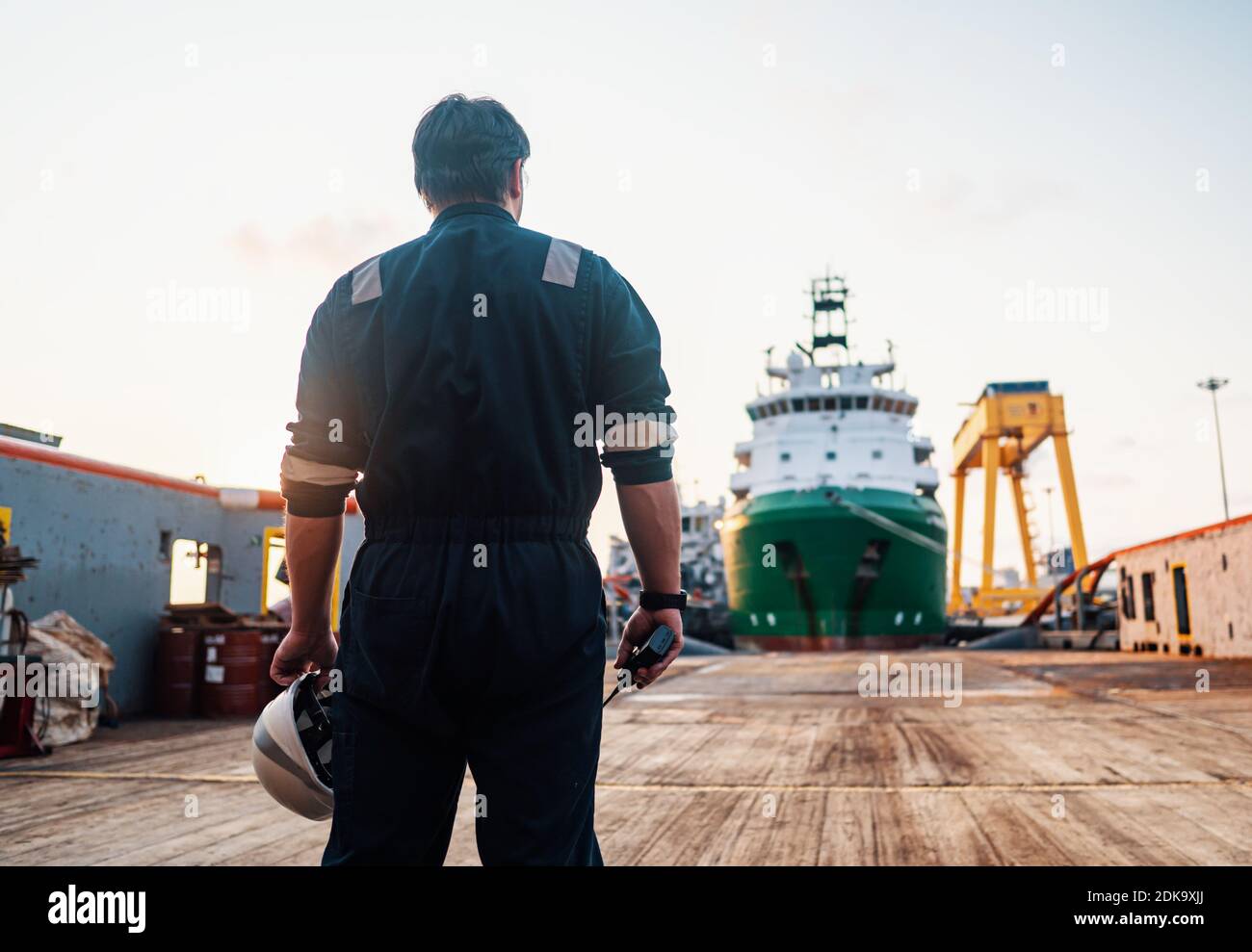 Marine Deck Officer or Chief mate on deck of offshore vessel or ship Stock Photo