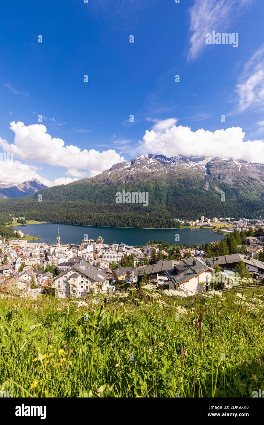 Switzerland, Graubünden, Engadine, St. Moritz, St. Moritz-Dorf, St. Moritzersee, town view, residential houses, chalets Stock Photo