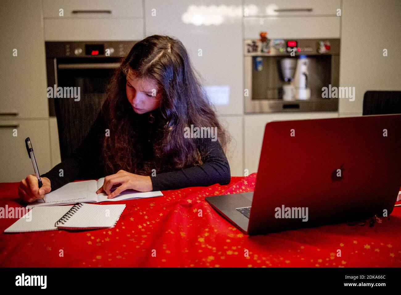 A schoolgirl works at home on December 15, 2020 in Rotterdam, Netherlands. Dutch Prime Minister Mark Rutte informed the public that due to an increase in coronavirus infections and Covid-19 hospitalizations, the Netherlands will enter a lockdown starting at midnight for five weeks. Among other measures, starting on Wednesday, all schools in the Netherlands will be closed. 'Until January 18, distance education will become the norm. That is a radical, but inevitable decision. Exceptions apply to students in their final year and students who need extra help. This also applies to children with par Stock Photo
