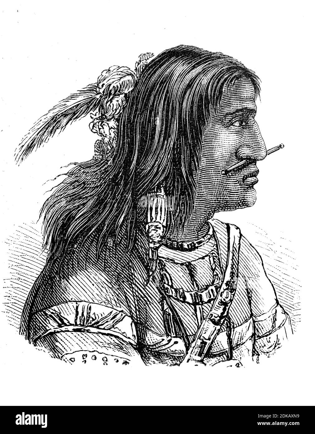 Native American, here a man from the Tananc tribe from Alaska, America, illustration from 1880  /  Indianer, hier ein Mann vom Stamm der Tananc aus Alaska, Amerika, Illustration aus 1880, Historisch, historical, digital improved reproduction of an original from the 19th century / digitale Reproduktion einer Originalvorlage aus dem 19. Jahrhundert Stock Photo