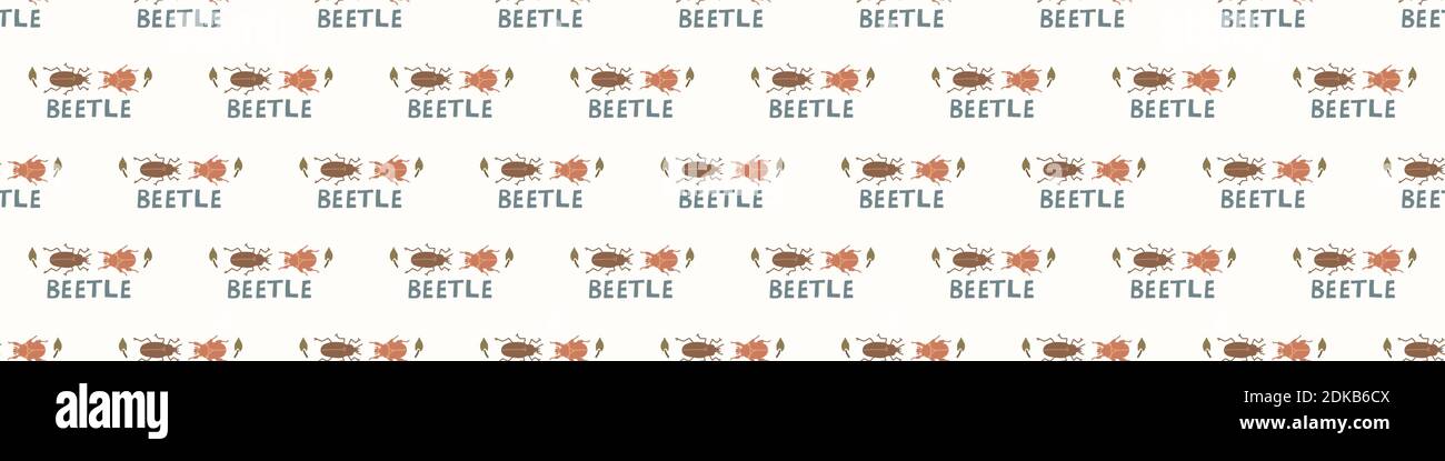 Seamless background beetle insect gender neutral baby border pattern. Simple whimsical minimal earthy 2 tone color. Kids nursery wildlife bug edging Stock Vector