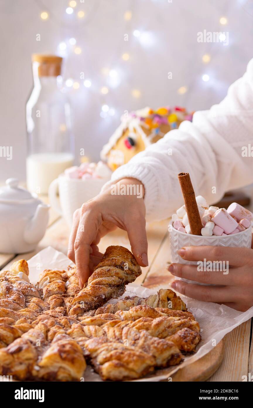 Cinnamon twists and hot chocolate for Christmas afternoon breakfast