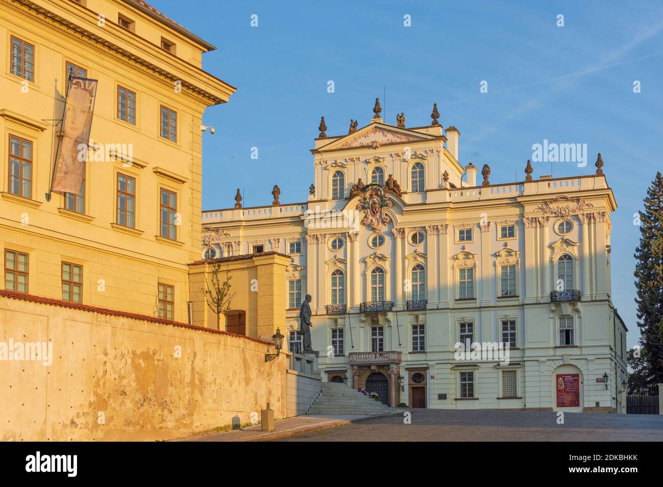 Praha, Salm Palace (Salmovsky palac), part of National Gallery Prague (left), Archbishop's palace (right), square Hradcanske namesti in Hradcany, Castle District, Praha, Prag, Prague, Czech Stock Photo