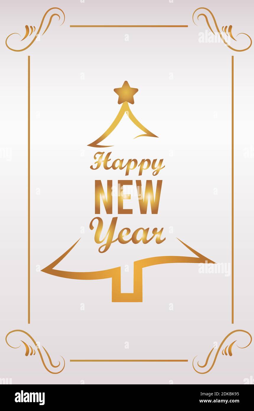 happy new year lettering card with golden pine tree vector illustration ...