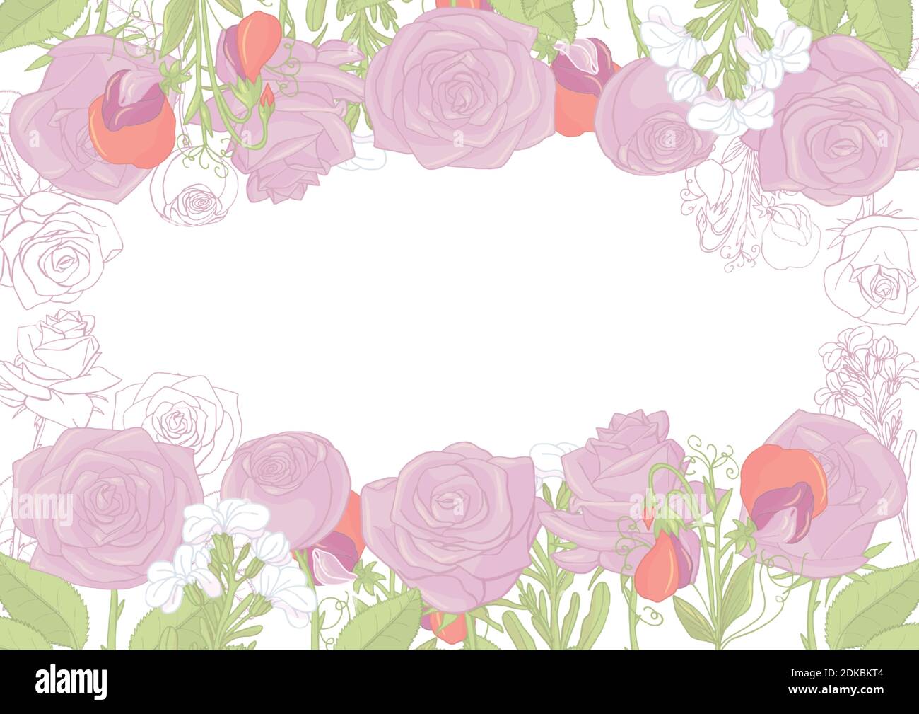 Card with hand drawn rose and peony arrangement. Greeting card template ...
