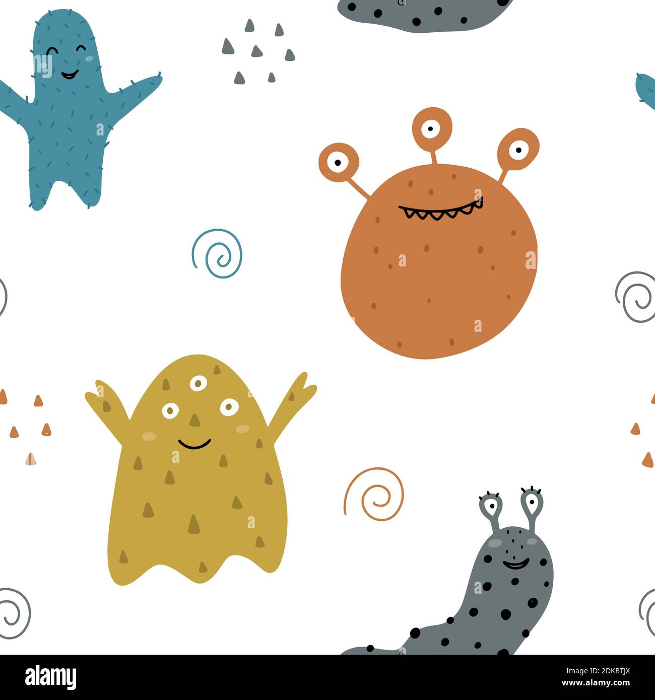 Cute childish seamless pattern with monsters isolated on white background with abstract elements. Hand drawn Scandinavian style vector illustration. Stock Vector