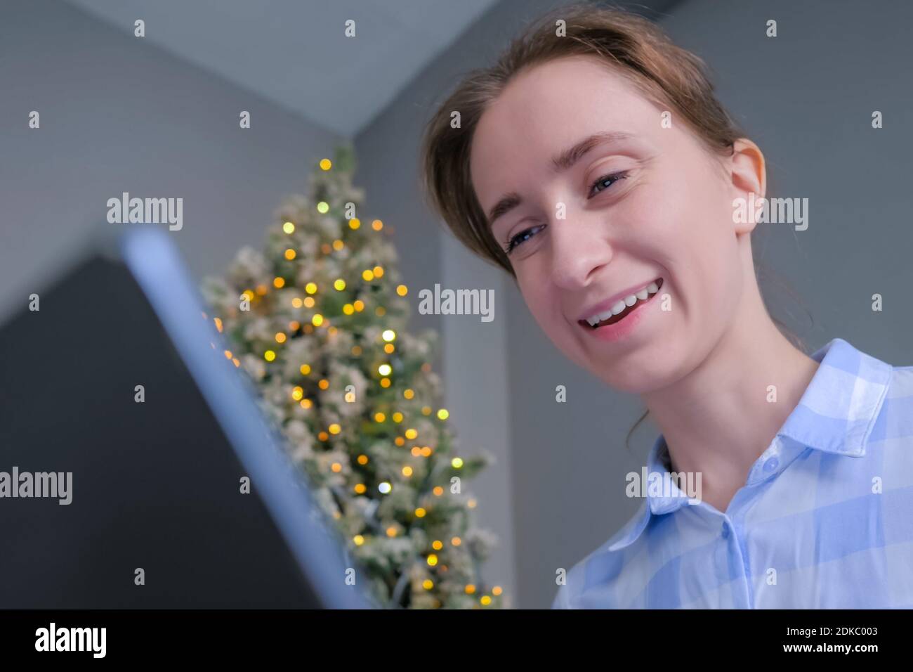 Woman using laptop, having video chat, job interview or distant consultation Stock Photo