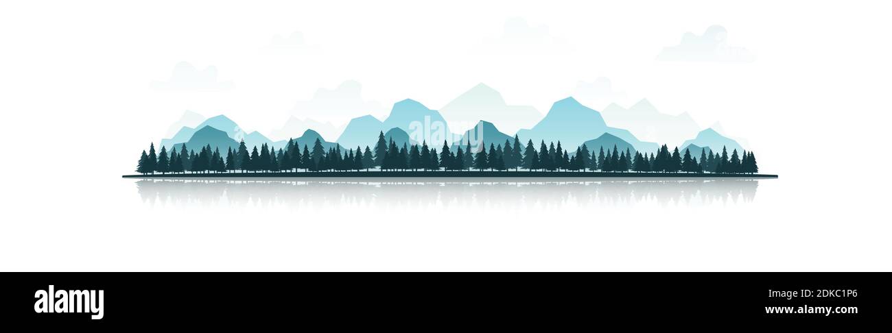 Realistic mountain panorama with dense forest - Vector illustration Stock Vector