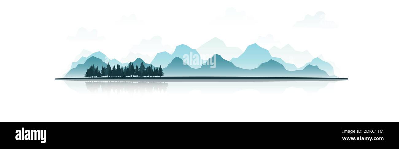 Realistic mountain panorama with dense forest - Vector illustration Stock Vector