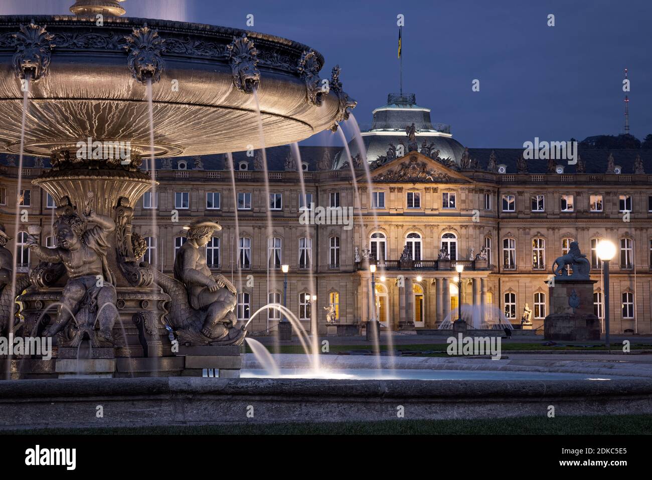 Fountain on Schlossplatz and New Castle, Stuttgart, Germany Stock Photo ...