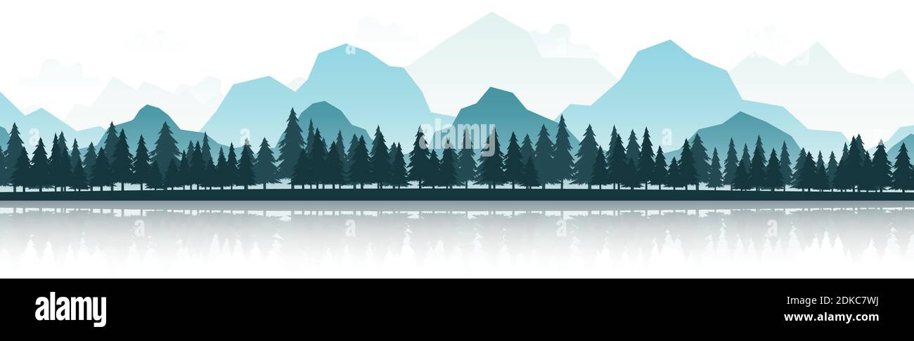 Realistic mountain panorama with dense forest - Vector illustration Stock Vector