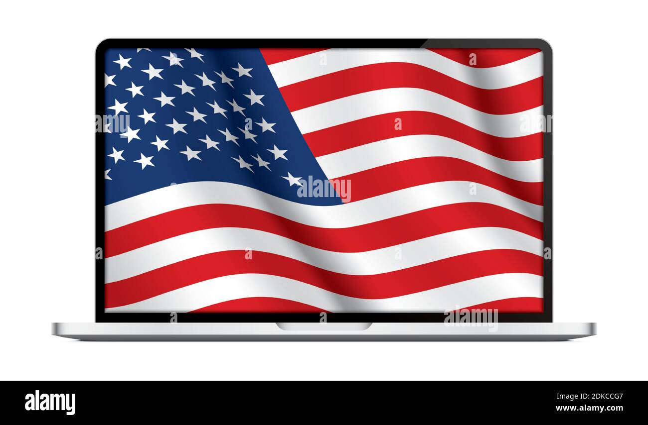 Realistic vector laptop with USA flag wallpaper, isolated on the white background. Stock Vector