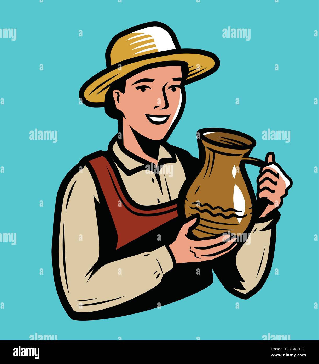 Beautiful woman holding a clay jug. Drink concept vector Stock Vector