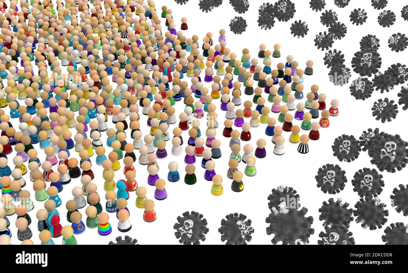 Crowd of small symbolic figures, mine field metaphor, 3d illustration, horizontal, over white, isolated Stock Photo