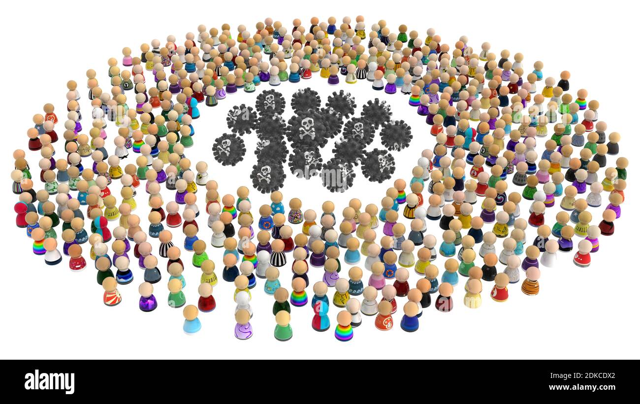 Crowd of small symbolic figures, mine field inside center metaphor, 3d illustration, horizontal, over white, isolated Stock Photo