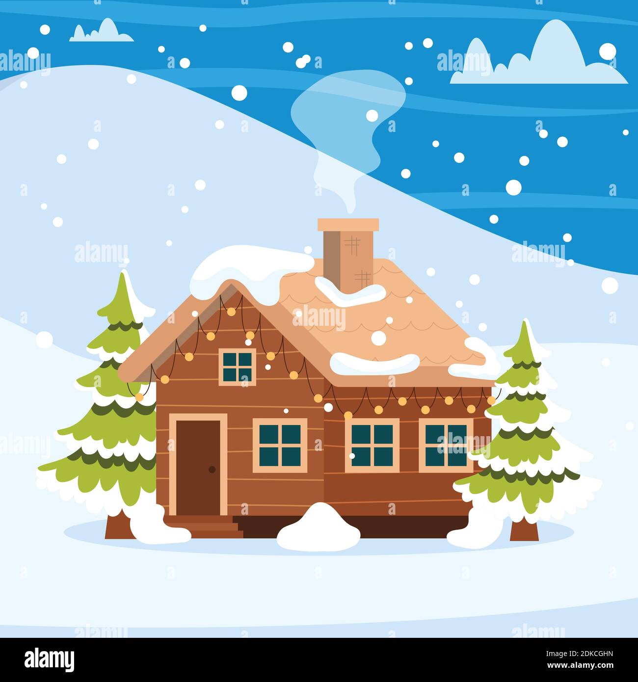 Cartoon winter landscape scene with wooden house, pine trees and snow  mountains. vector illustration Stock Vector Image & Art - Alamy