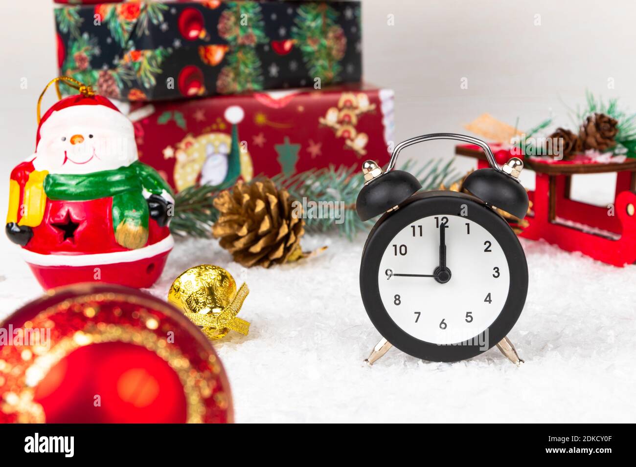 snowman, boxes with gifts, christmas tree cone and branch, santa claus ...