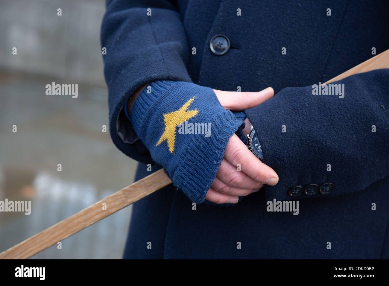 14. December 2020, England, London:  Gloves with a European Union Star worn by Anti-Brexit Protester Steven Bray in a protest against a No-Deal Brexit Stock Photo