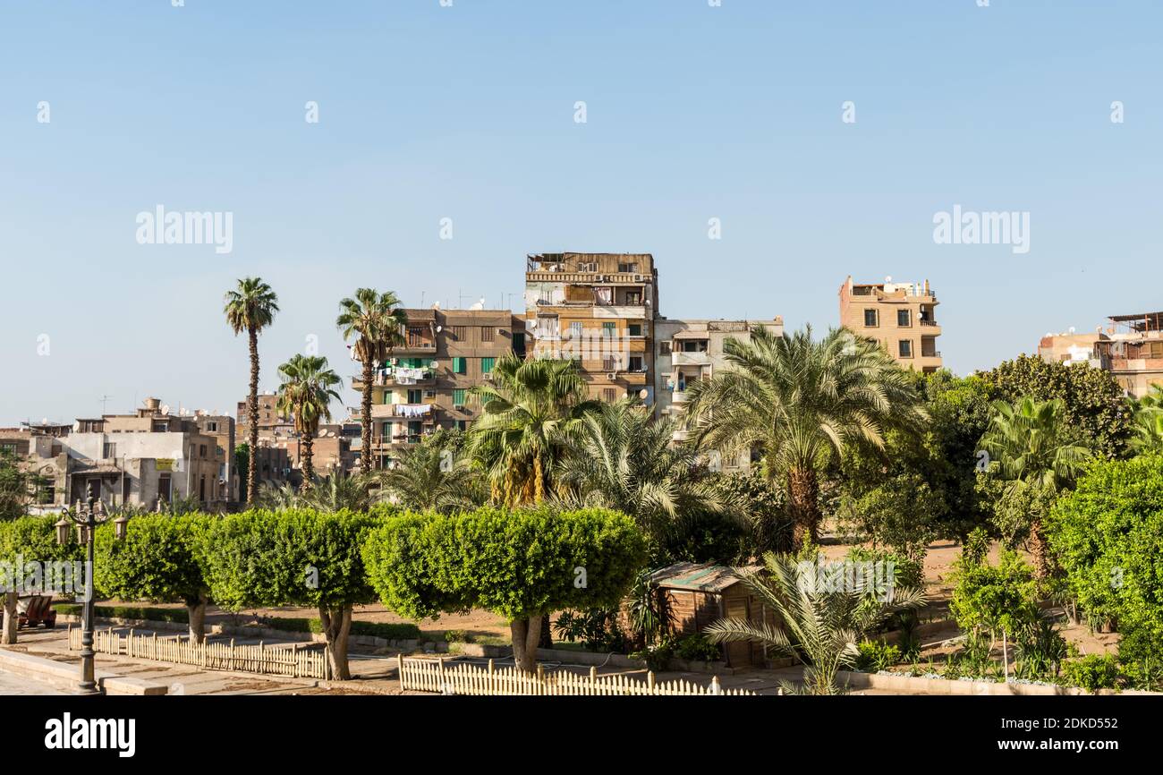 Yard of  Mosque of Al Rifai (Al-Refai, Al-Refa'i) and residential buildings in Cairo Stock Photo