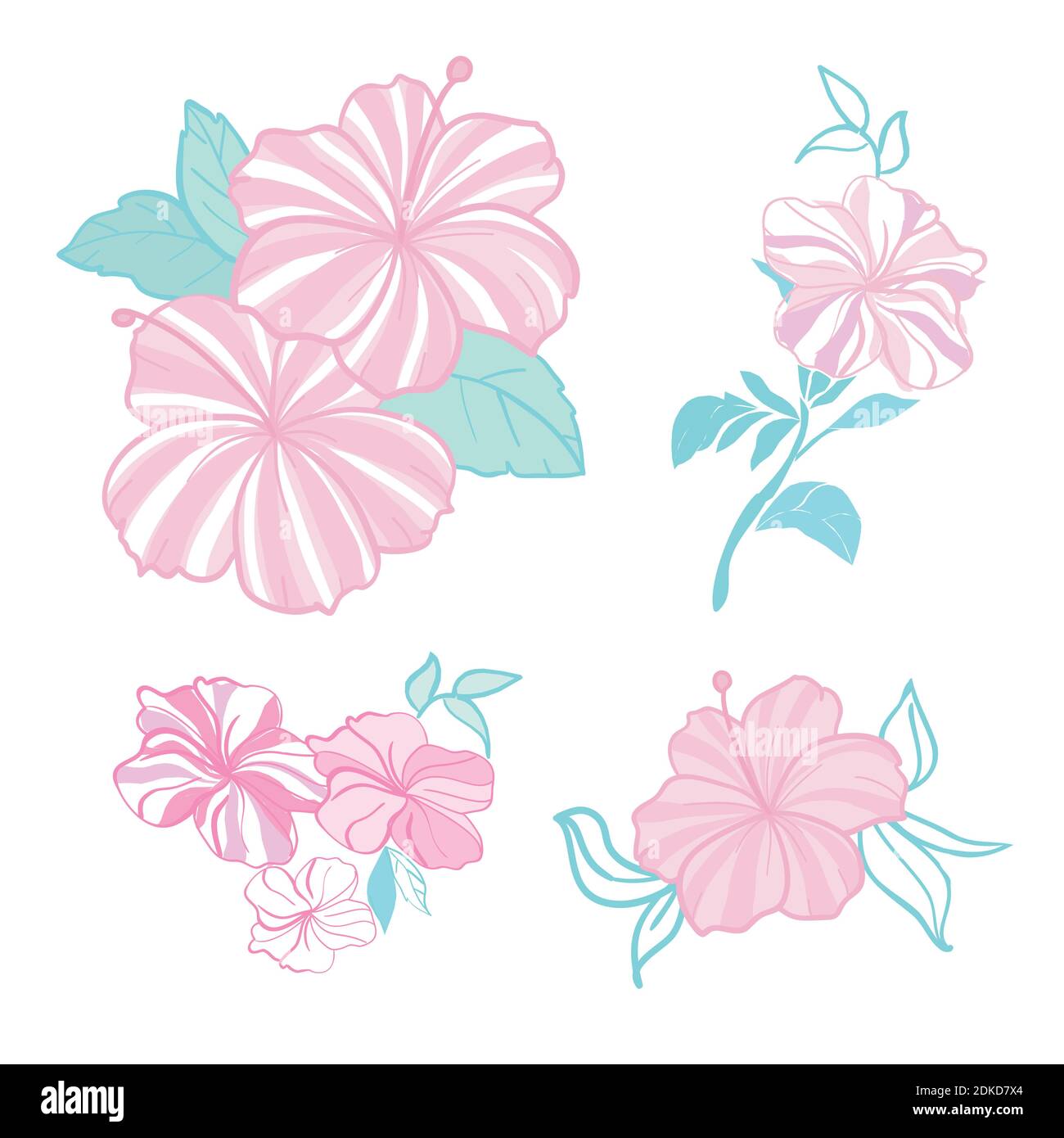 Set of tropical flowers elements. Collection of hibiscus flowers on a white background. Vector illustration bundle. Stock Vector