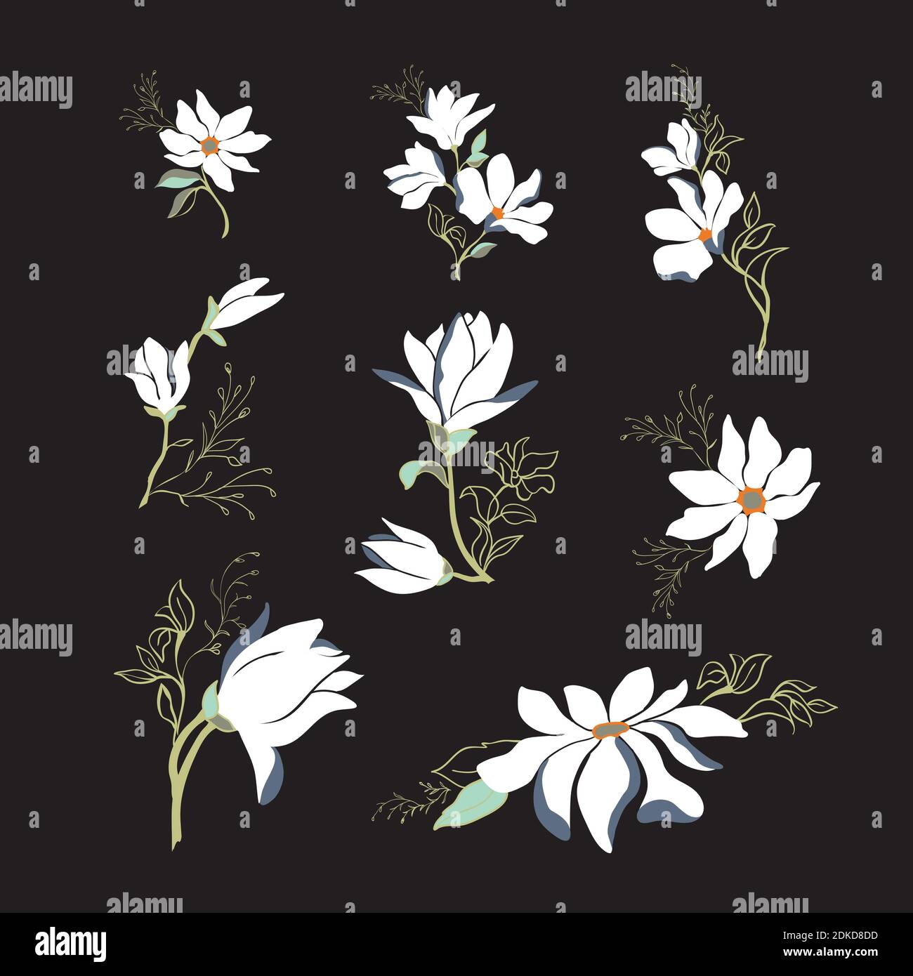 Spring collection of blooming branches magnolia for your design, vector illustration. Stock Vector