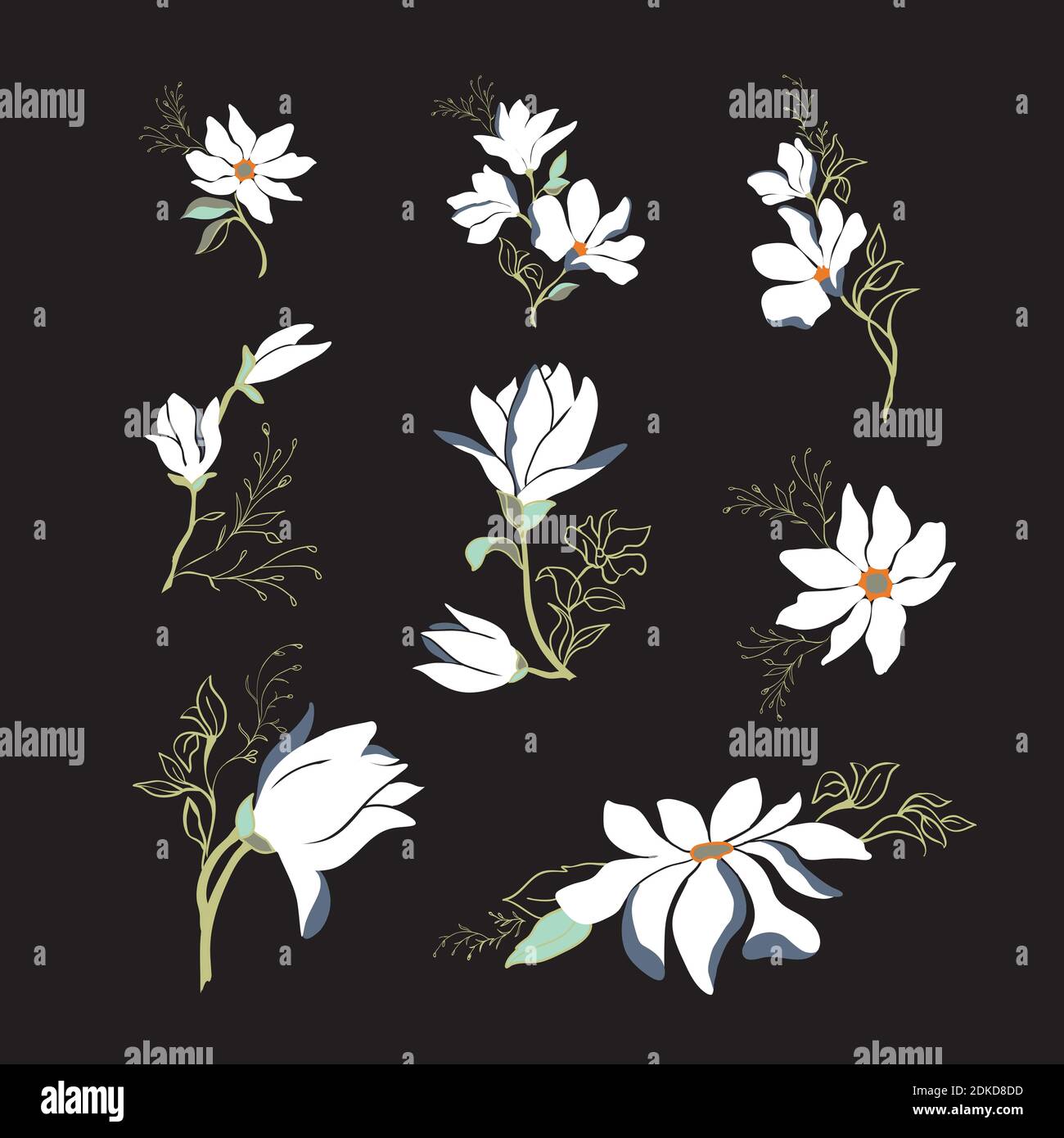 Spring collection of blooming branches magnolia for your design, vector