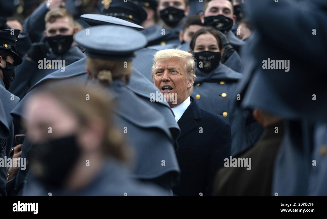 U.S. President Donald Trump speaks with Military Academy cadets at the start the 121st Army-Navy football game at Michie Stadium December 12, 2019 in West Point, New York. The Army Black Knights shutout the Navy Midshipmen 15-0. Stock Photo