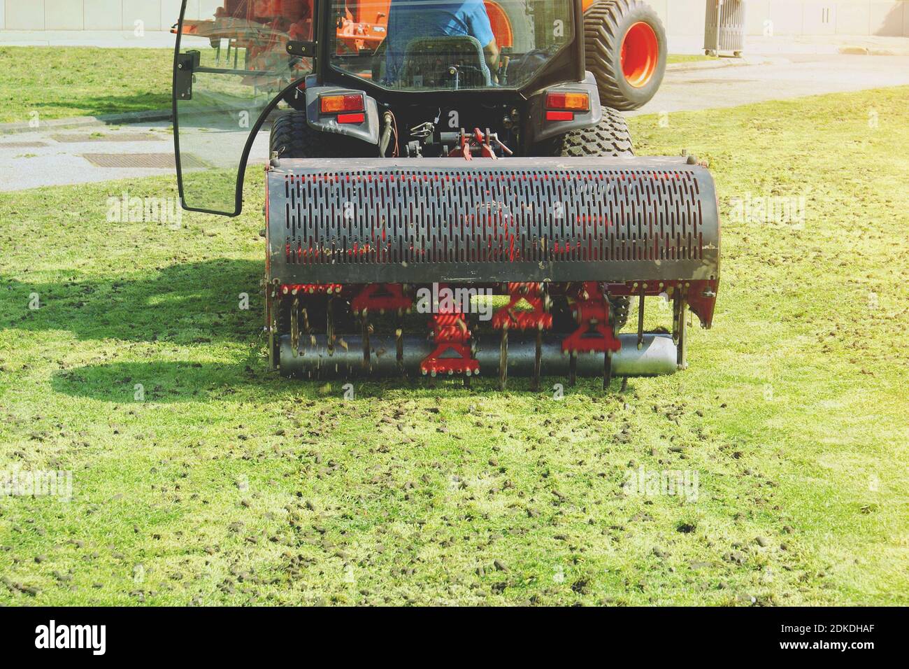 Gardener Operating Soil Aeration Machine on Grass Lawn Stock Photo Alamy