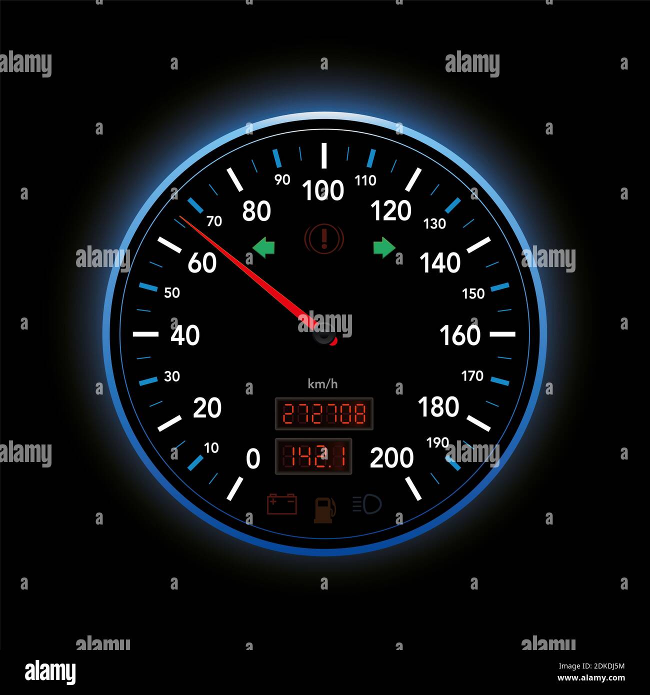 Speedometer, modern car display from zero to 200 kmh, with red pointer, digital mileage, turn signal indicator and warning lights. Stock Photo