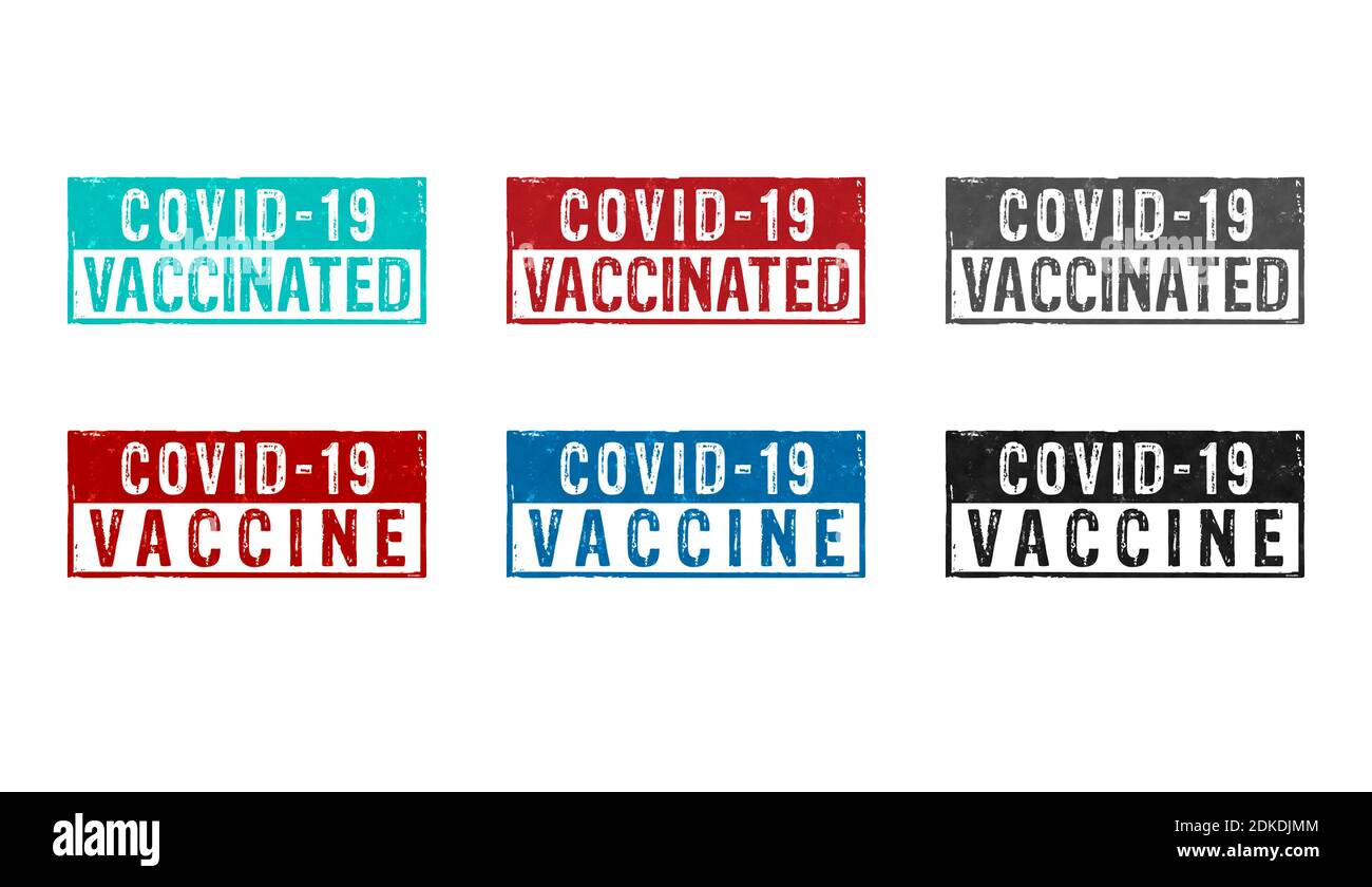 Vaccinated covid-19 stamp icons in few color versions. Virus epidemic, vaccine against COVID-19, medicine, health and disease resistance concept 3D re Stock Photo