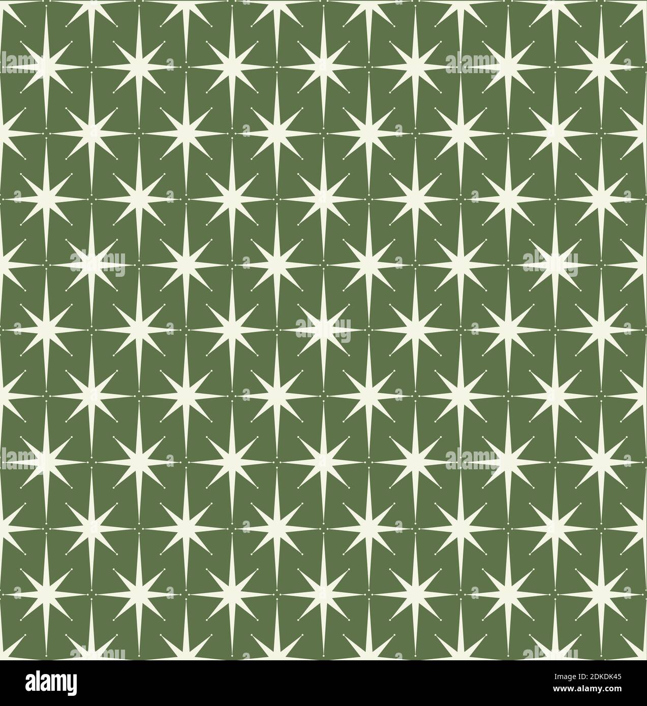 Mid-century modern wrapping paper starburst pattern on olive green background..  Inspired by Atomic era. Repeatable and seamless. Stock Vector