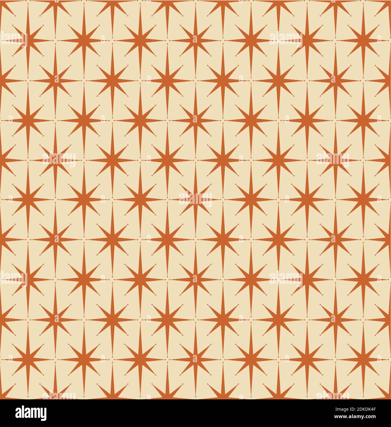 Mid-century modern wrapping paper starburst pattern, with orange on cream.  Inspired by Atomic era. Repeatable and seamless. Stock Vector