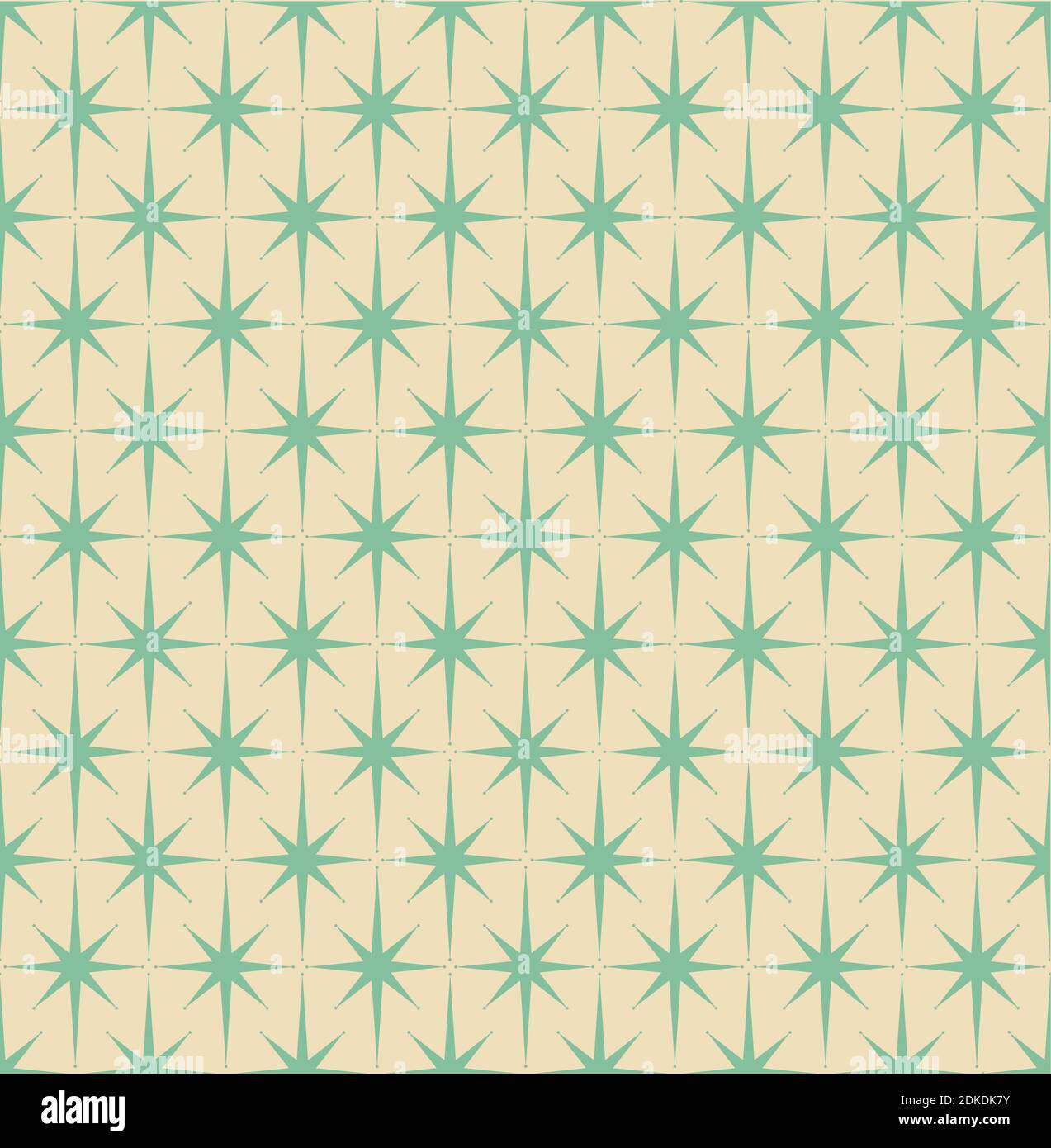 Mid-century modern wrapping paper green starburst pattern on cream background.  Inspired by Atomic era. Repeatable and seamless. Stock Vector