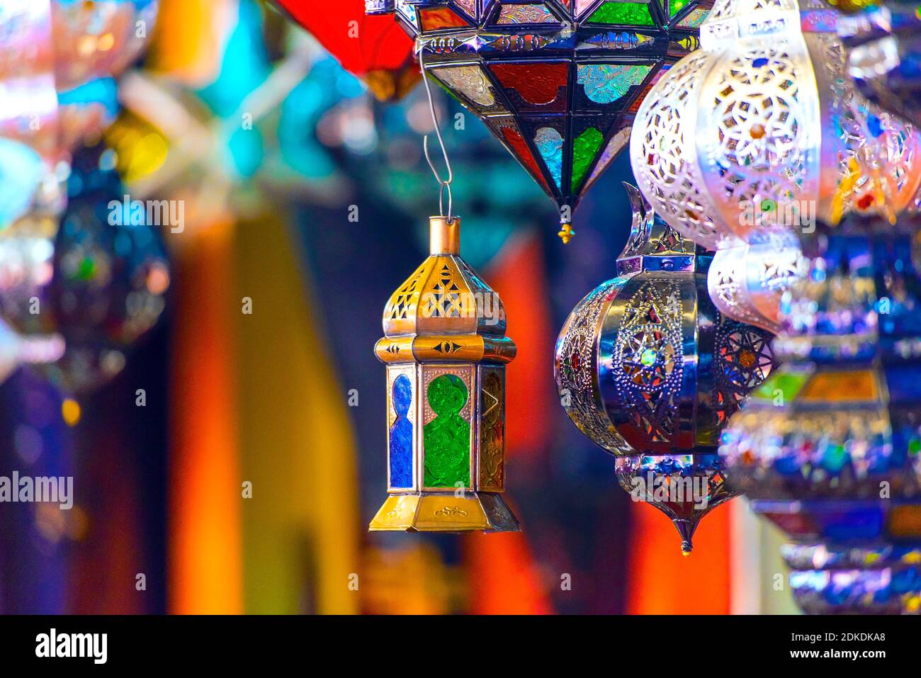Traditional souvenir Moroccan lamps at the oriental market in