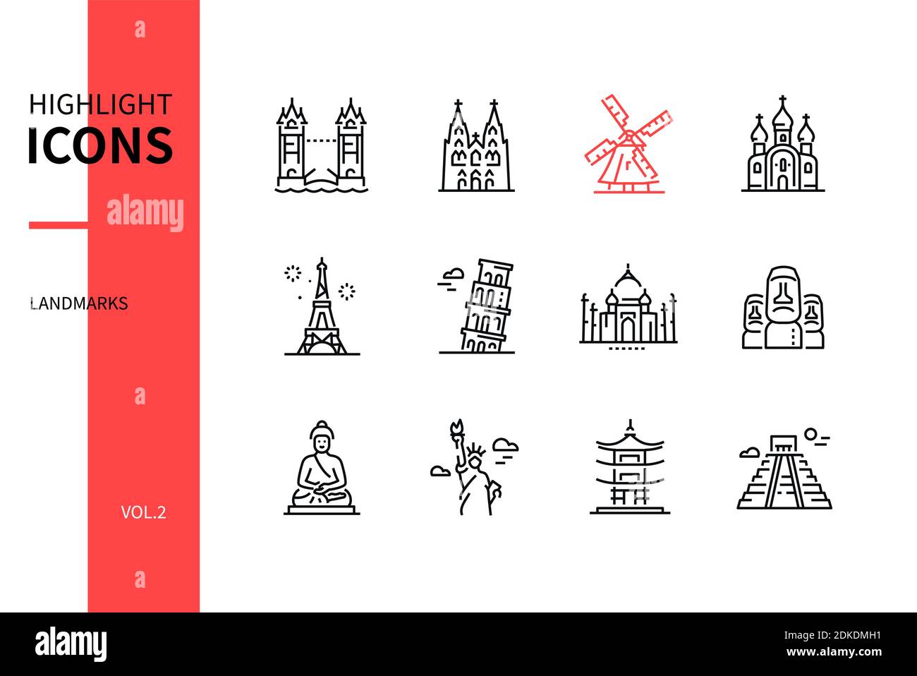 World famous landmarks - line design style icons. European, Asian architecture. Sightseeing, traveling idea. London bridge, Cologne Cathedral, Pisa, E Stock Vector