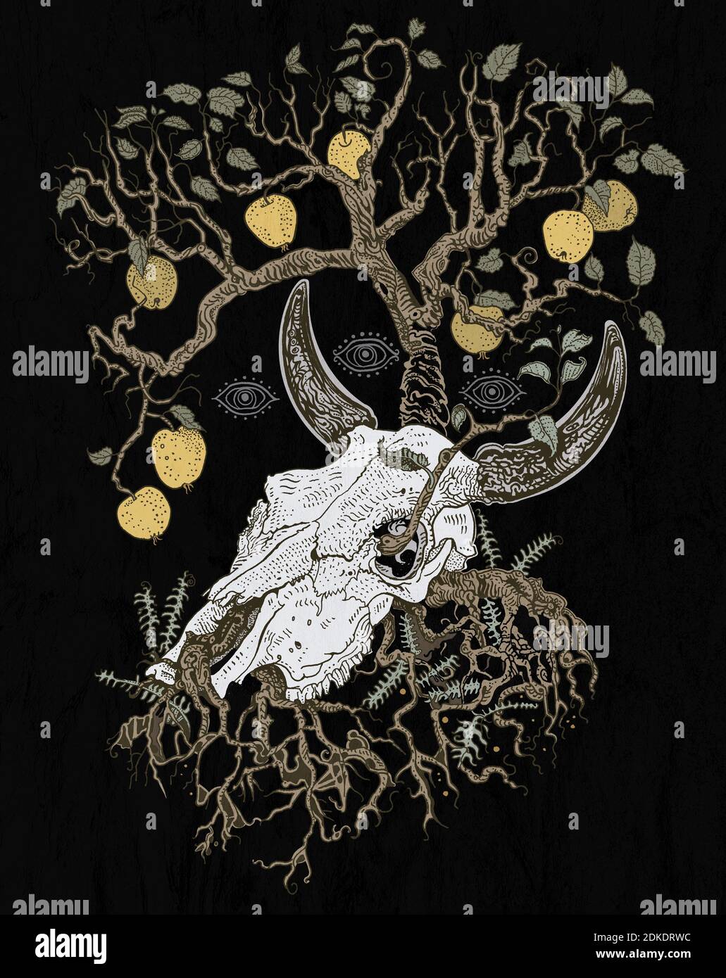 Apple tree grows out of a cow skull. Symbol of circle of life, death and rebirth. Folktale, mythology, bull, ox bones. T shirt print, tattoo design, d Stock Photo - Alamy