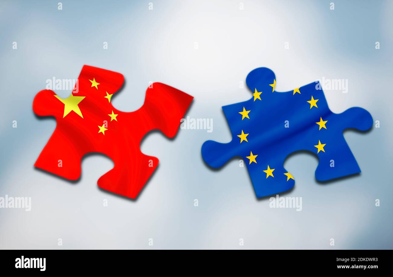 Two puzzle pieces with flags of China and Europe on abstract background Stock Photo