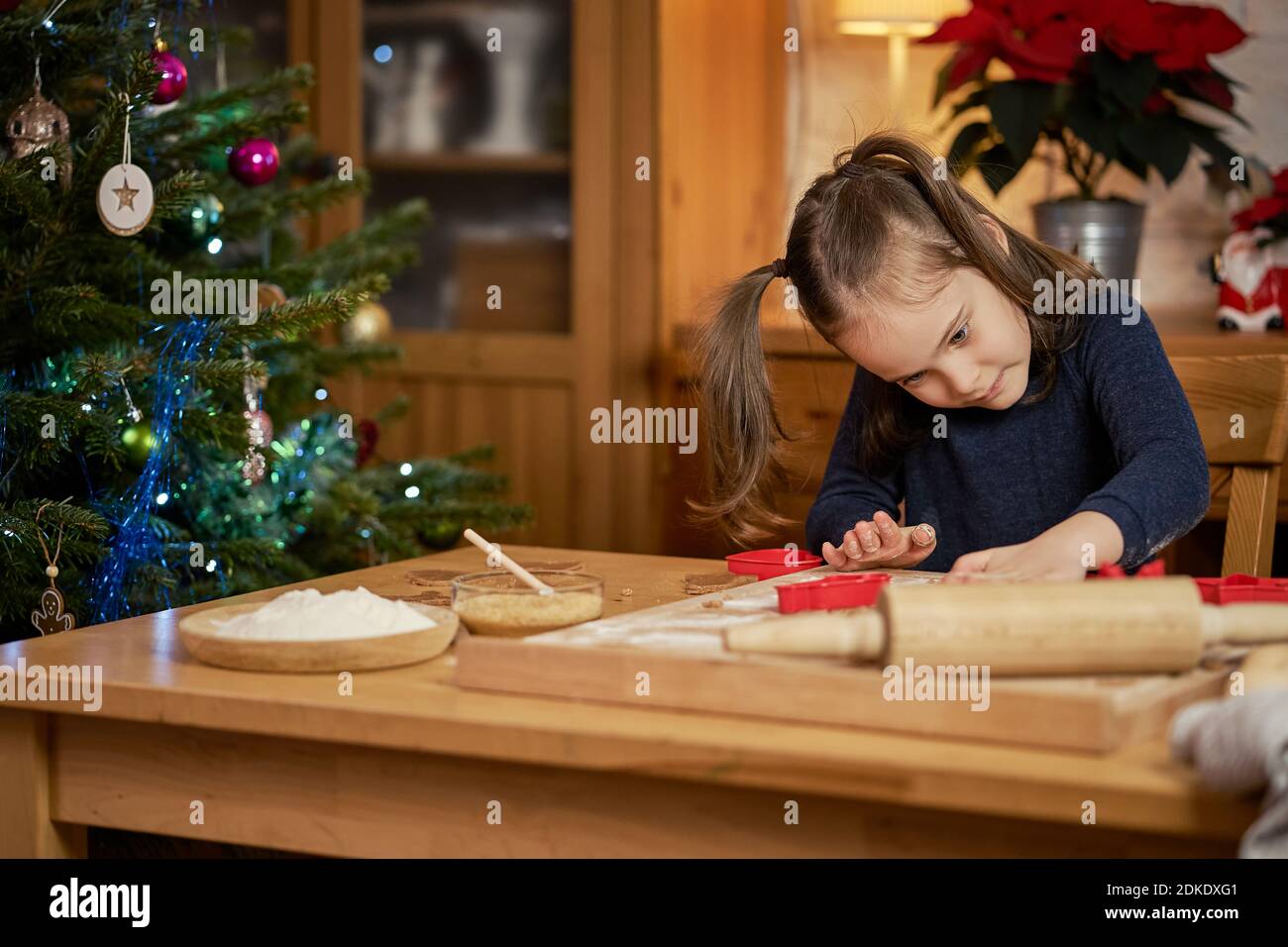 cute girl makes and decorates christmas gingerbreads Stock Photo
