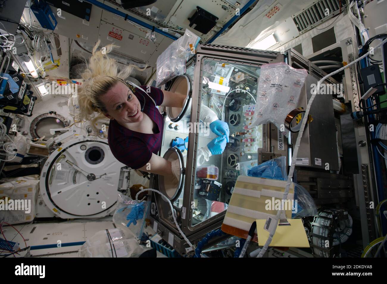 ISS - 09 December 2020 - NASA astronaut and Expedition 64 Flight Engineer Kate Rubins works inside the Life Sciences Glovebox conducting research for Stock Photo