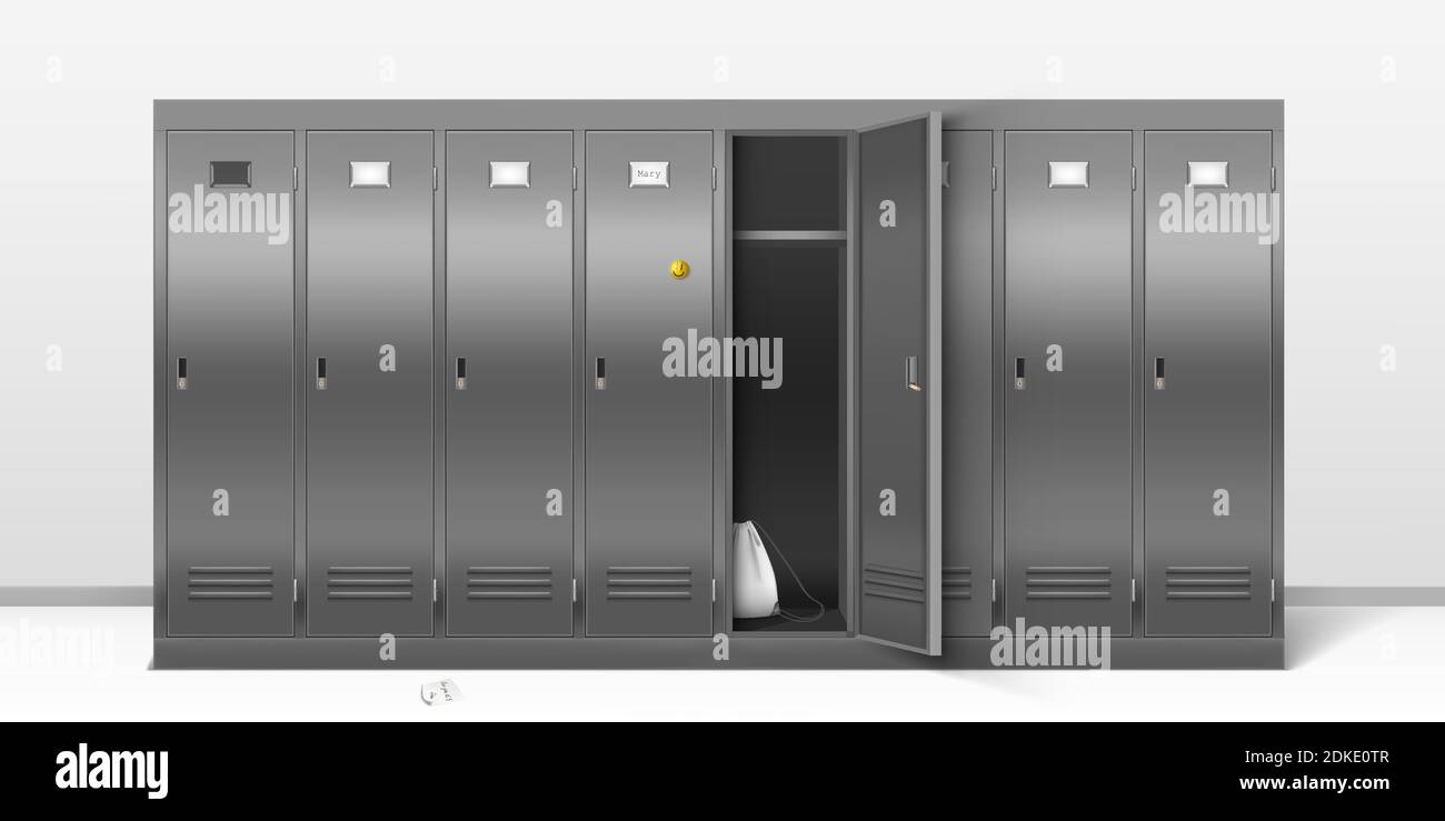 Steel lockers, vector school or gym changing room metal cabinets. Row of grey storage furniture with closed and open doors, sport bag inside and name plates in college hall, Realistic 3d illustration Stock Vector