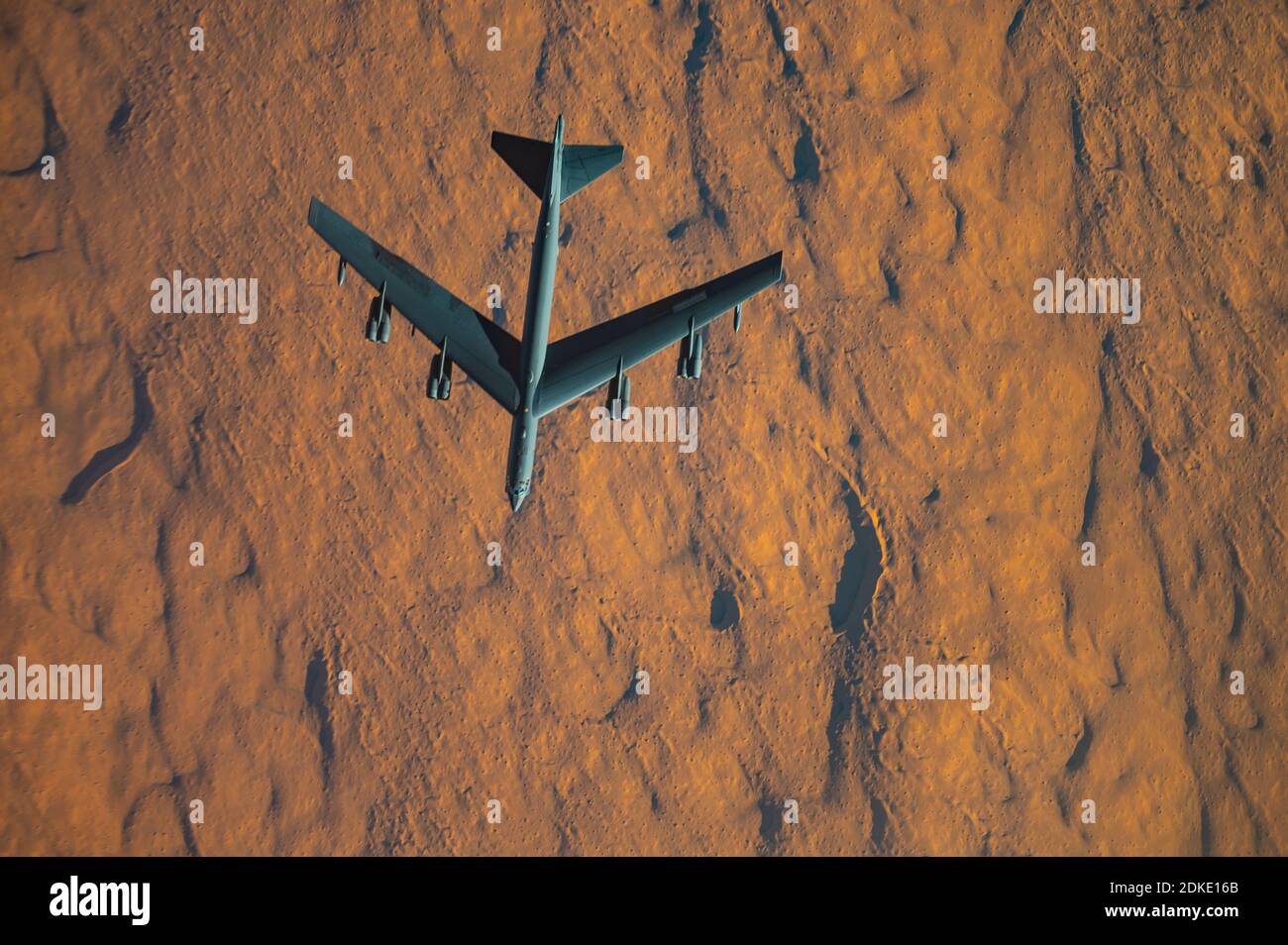 A U.S. Air Force B-52 Stratofortress strategic bomber aircraft from the 2nd Bomb Wing, inflight during a multi-day Bomber Task Force mission December 10, 2020 over Qatar. The bomber was relocated to the region following an increase in tensions with Iran. Stock Photo