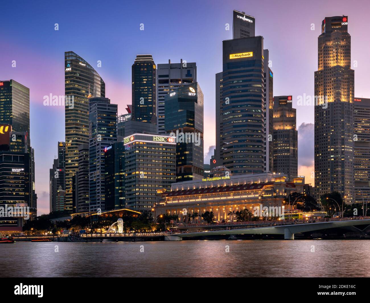 Marina Bay with Fullerton Hotel and Merlion Statue in Singapore at ...