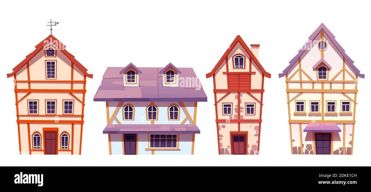 Old half-timbered houses in german village. Traditional medieval european buildings. Vector cartoon set of fachwerk cottages with facade from stone and timber isolated on white background Stock Vector