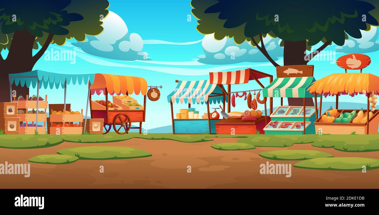 Food market stalls with fruits, vegetables, cheese, meat and fish on