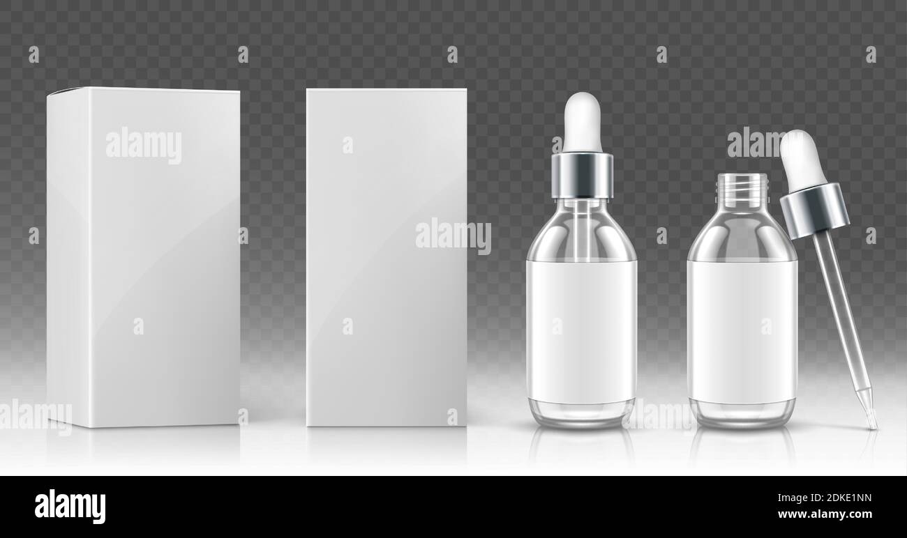 Glass dropper bottle for cosmetic oil or serum and white package box in front and angle view. Vector realistic mockup of empty flask with pipette and silver cap for medical drops or skincare product Stock Vector