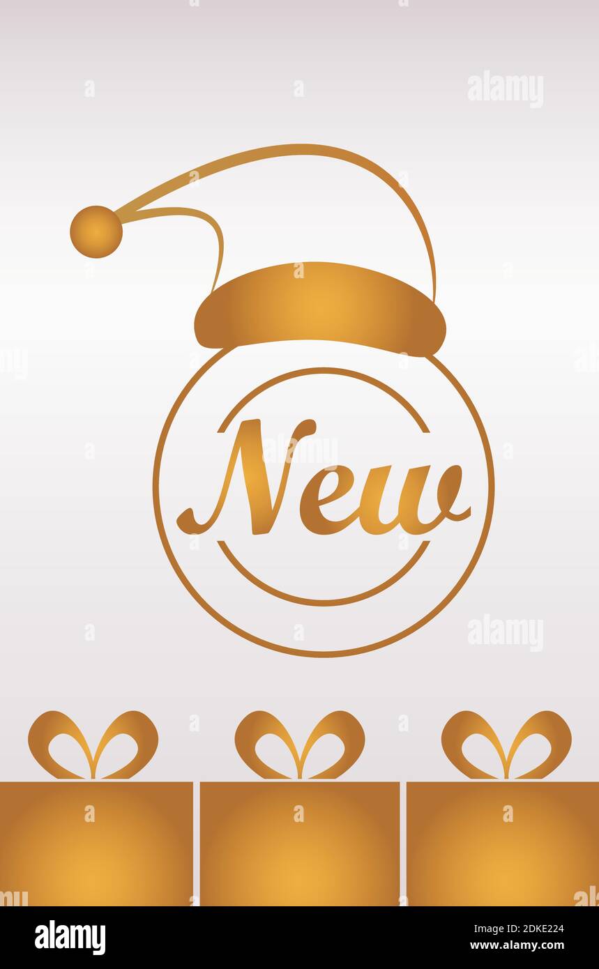 happy new year lettering card with golden santa hat and gifts vector ...